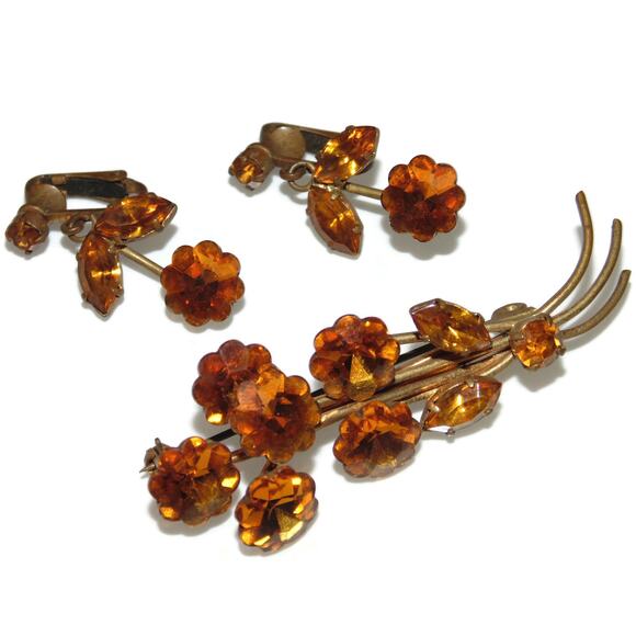 Vintage Estate Crystal Citrine Orange Stones Brooch Earrings Set Costume Jewelry - Picture 1 of 6